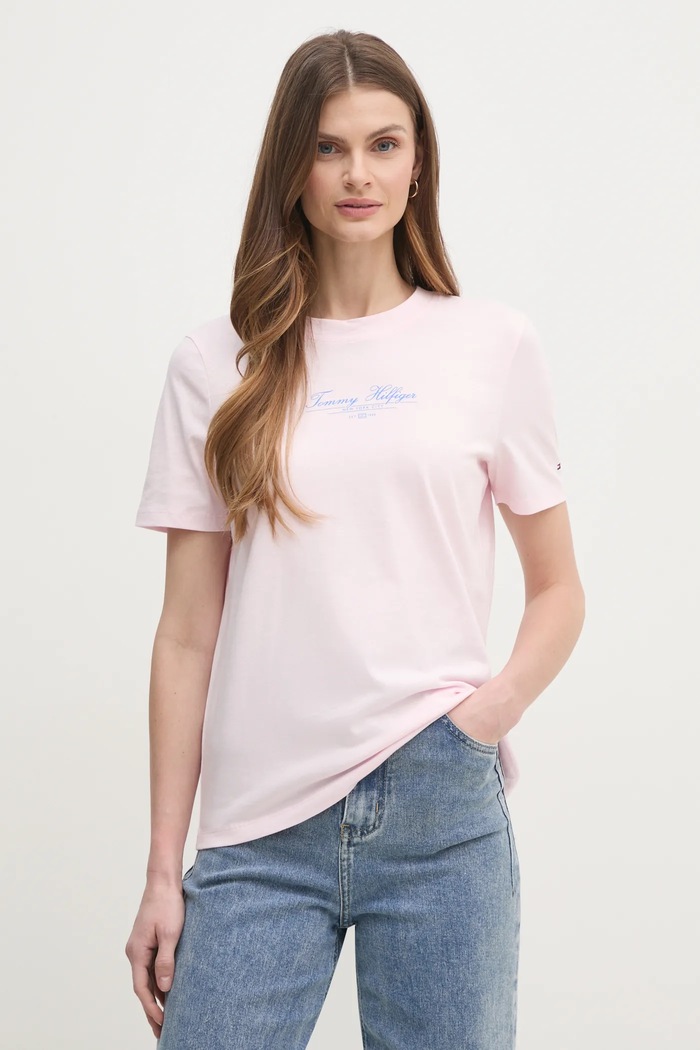 Bavlněné tričko Tommy Hilfiger potisk růžová WW0WW45428