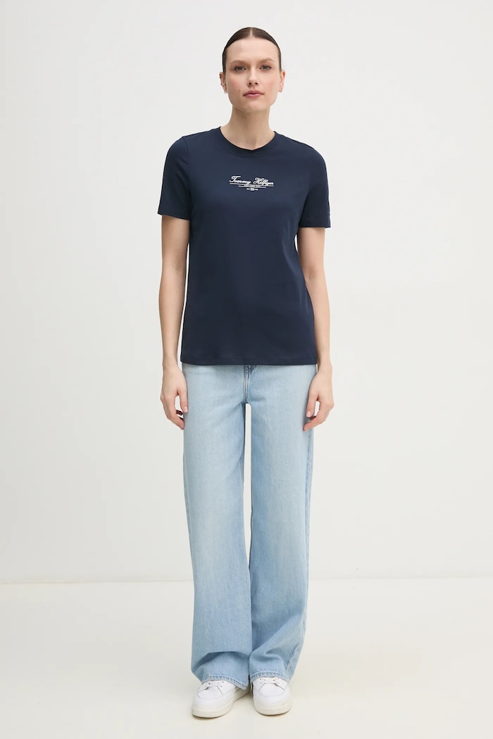 Bavlněné tričko Tommy Hilfiger WW0WW45428 námořnická modř SS25