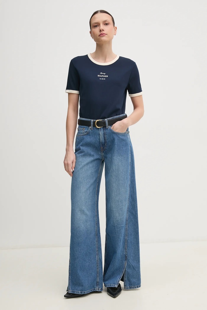 Bavlněné tričko Tommy Hilfiger WW0WW44586 námořnická modř SS25
