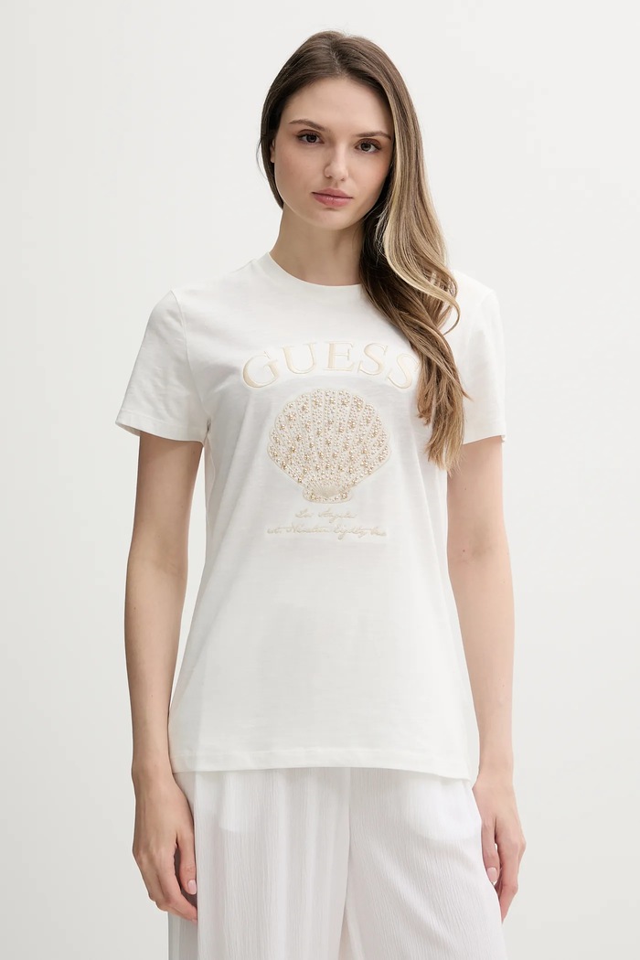 Βαμβακερό μπλουζάκι Guess βαμβάκι λευκό E5GI03.K8G01