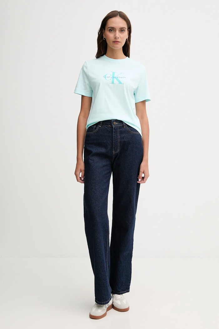 Calvin Klein Jeans tričko dámské bavlněné LV047B865G tyrkysová SS26