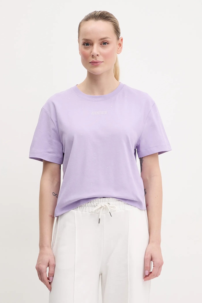 Памучна тениска Guess PRIMULA щампа виолетов V5GI00.I3Z14