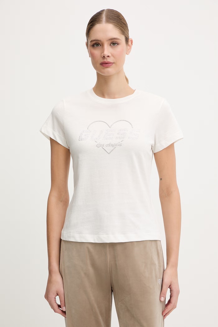 Памучна тениска Guess NARCISO бежов V5GI10.K9RM1