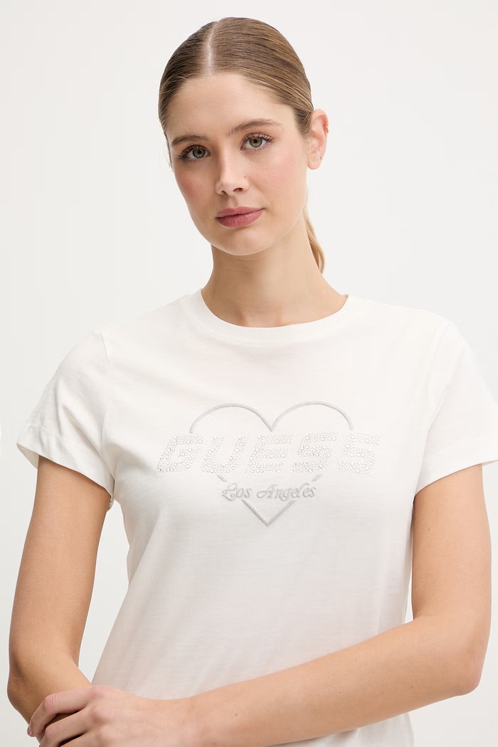 Памучна тениска Guess NARCISO бежов V5GI10.K9RM1