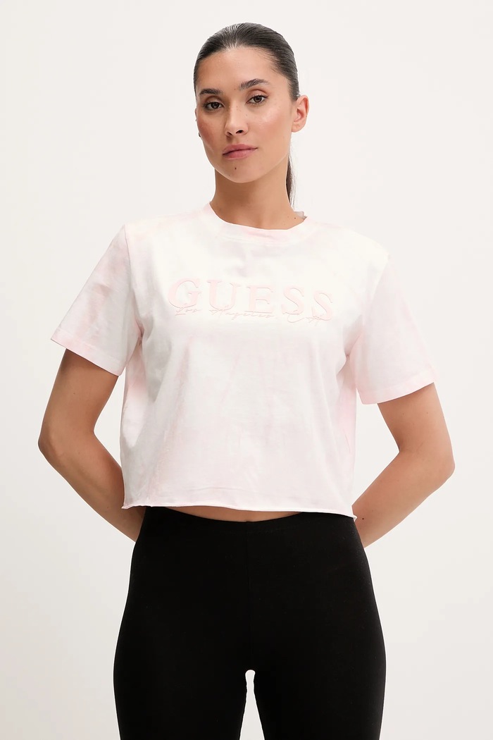 Βαμβακερό μπλουζάκι Guess GENZIANA εμπριμέ ροζ V5GI19.I3Z14