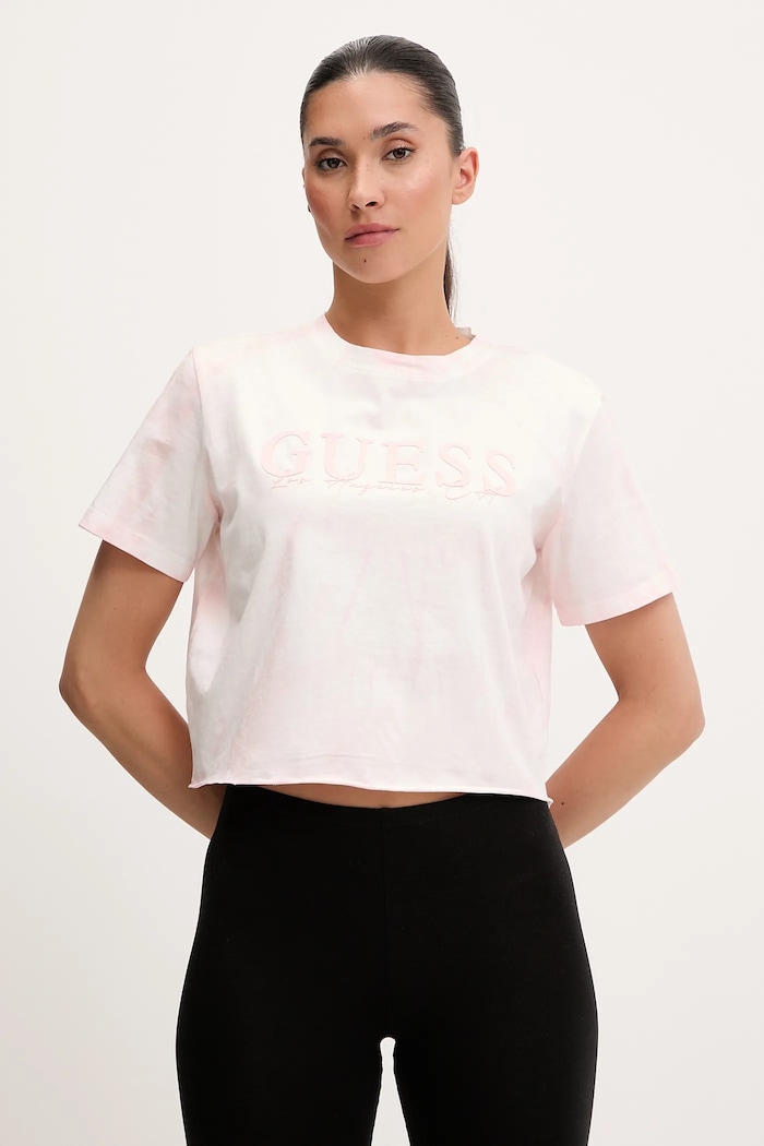 Βαμβακερό μπλουζάκι Guess GENZIANA εμπριμέ ροζ V5GI19.I3Z14