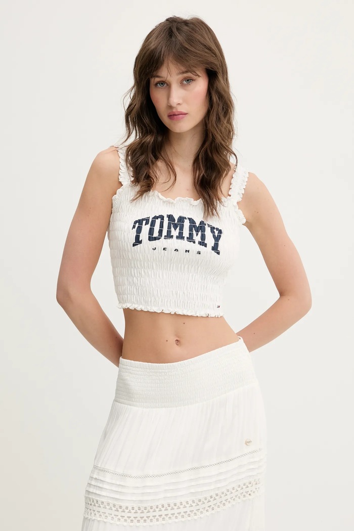 Tommy Jeans top din bumbac print alb DW0DW20240
