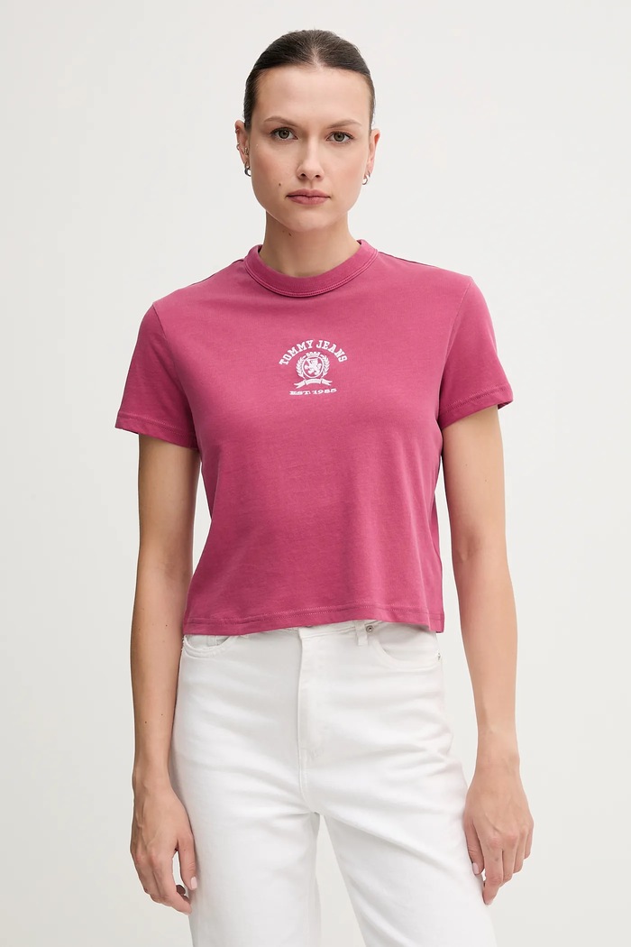 Bavlnené tričko Tommy Jeans nášivka ružová DW0DW20317