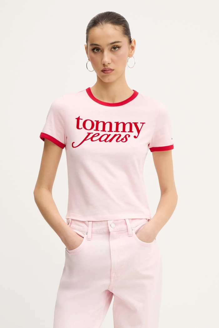 Bavlněné tričko Tommy Jeans slim růžová DW0DW20631