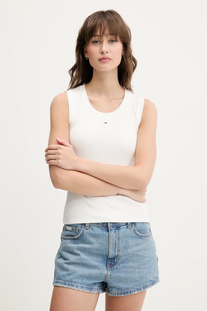 Tommy Jeans top pentru femei din bumbac cu elastan uni alb DW0DW20673