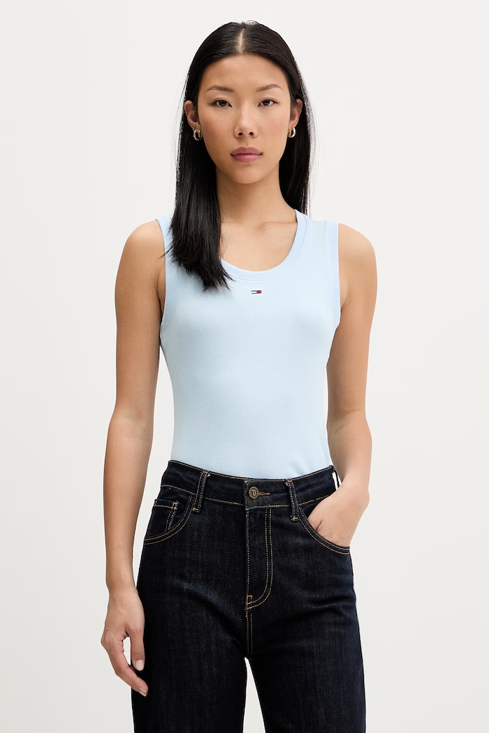 Tommy Jeans top pentru femei din bumbac cu elastan albastru DW0DW20673