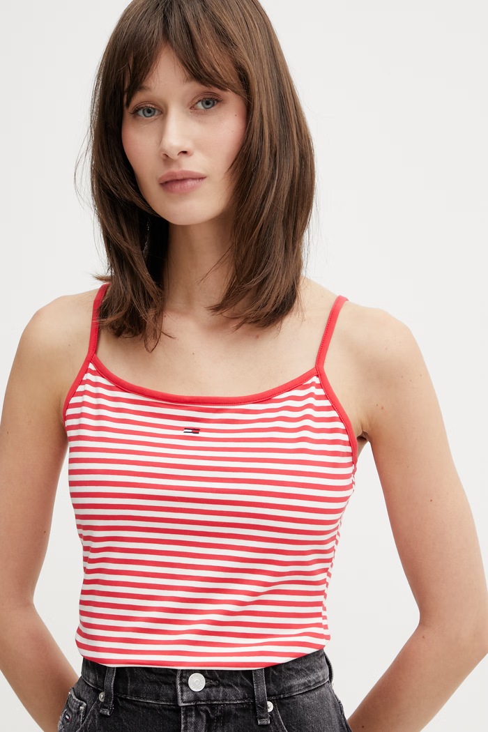 Tommy Jeans top dámsky bavlnený s elastanom červená DW0DW20675