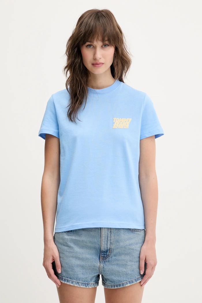 Bavlněné tričko Tommy Jeans potisk modrá DW0DW21338