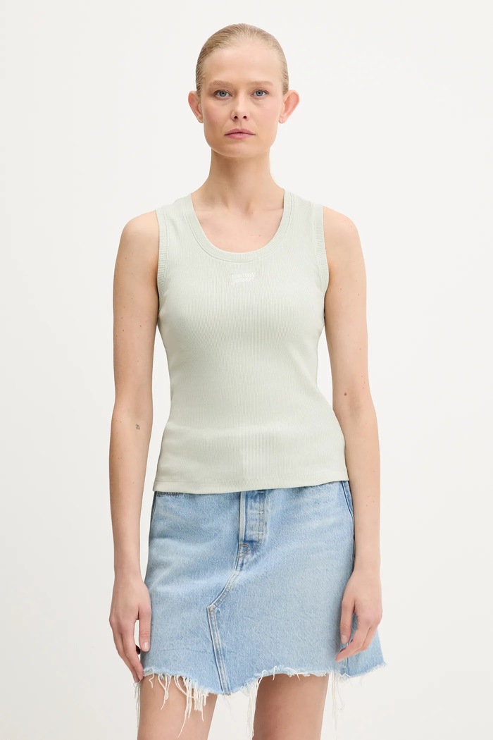 Βαμβακερό τοπ Tommy Jeans slim πράσινο DW0DW21369