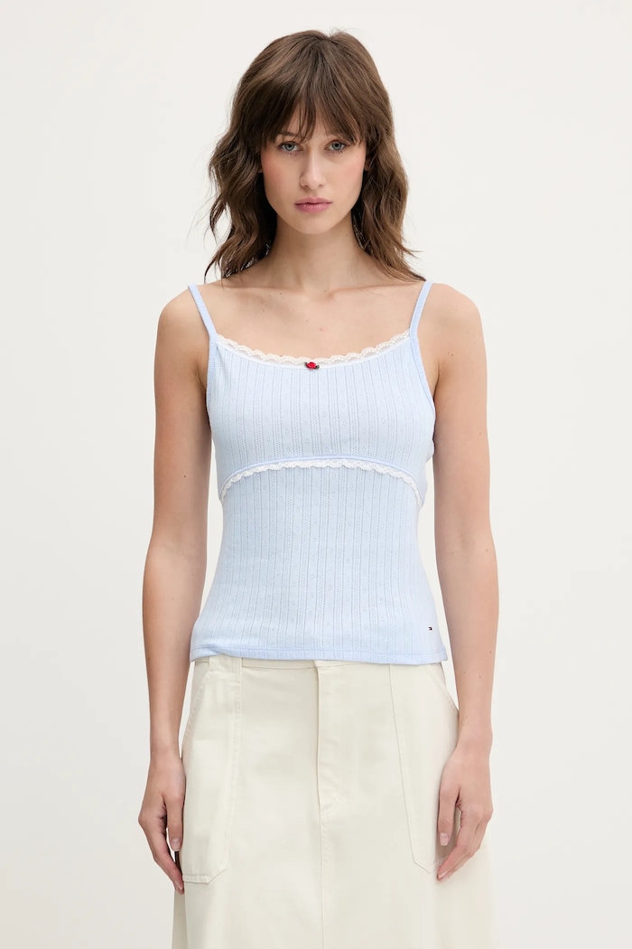 Bavlněný top Tommy Jeans jemný vzor modrá DW0DW20620