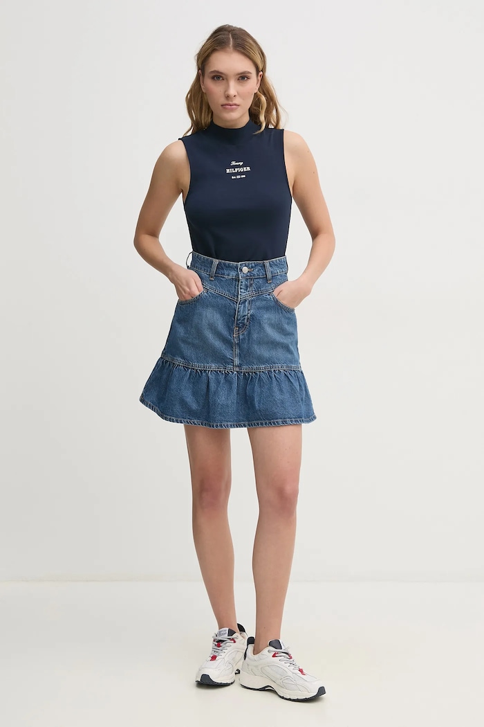 Памучен топ Tommy Hilfiger WW0WW44573 тъмносин SS25