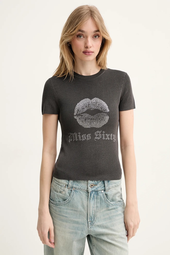 T-shirt από μείγμα μεταξιού Miss Sixty απλικέ γκρί 6S1RJ23100