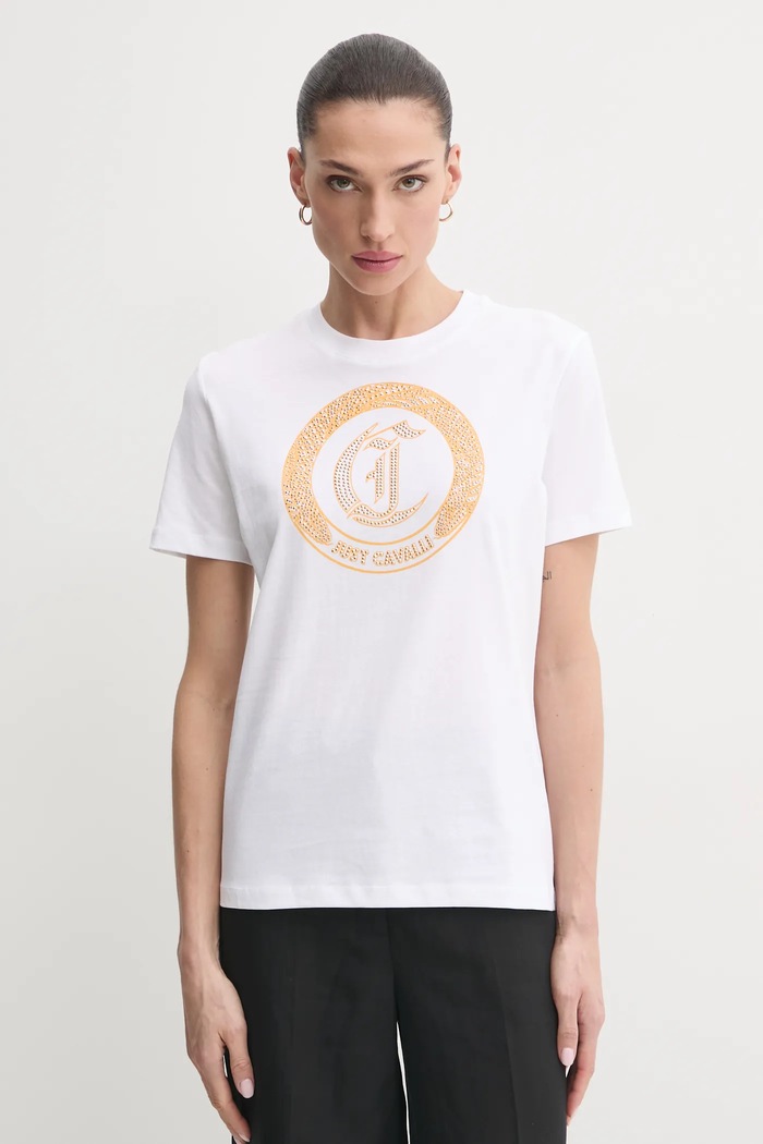 Памучна тениска Just Cavalli щампа бял 78PAHE13.CJ110