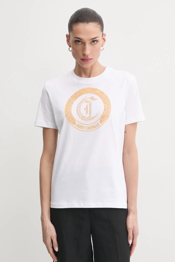 Памучна тениска Just Cavalli щампа бял 78PAHE13.CJ110