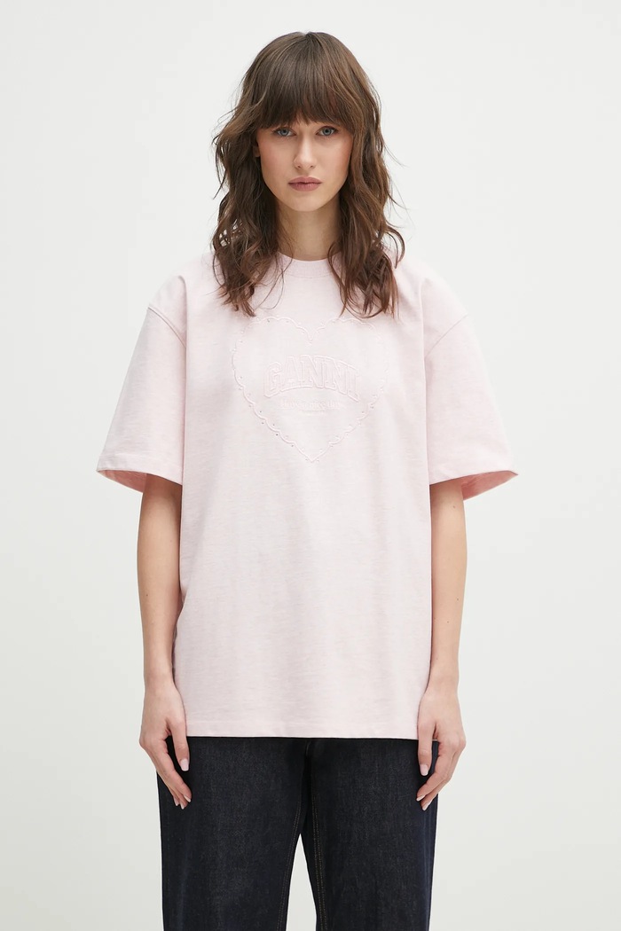GANNI t-shirt bawełniany Heavy Cotton Drop Shoulder Heart bawełna różowy T4090