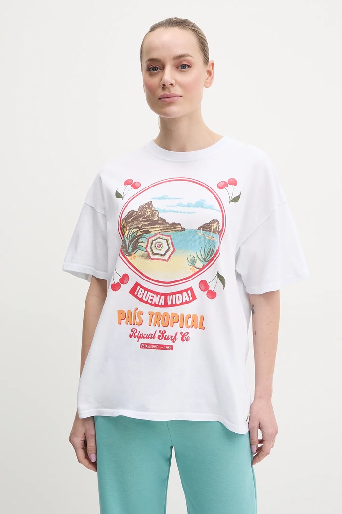 Памучна тениска Rip Curl COVE HERITAGE свободна бял 0FLWTE