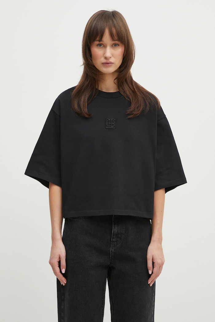 Anine Bing cotton t-shirt Myers Cropped Tee Framed Monogram relaxed black A.08.10920