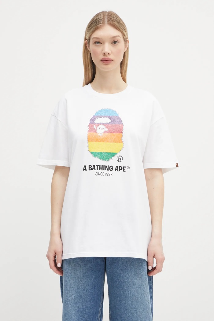 Хлопковая футболка A Bathing Ape Crystal Ape Head Oversized хлопок белый 1L30209008