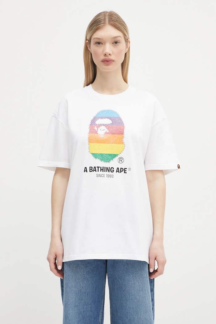 Хлопковая футболка A Bathing Ape Crystal Ape Head Oversized хлопок белый 1L30209008