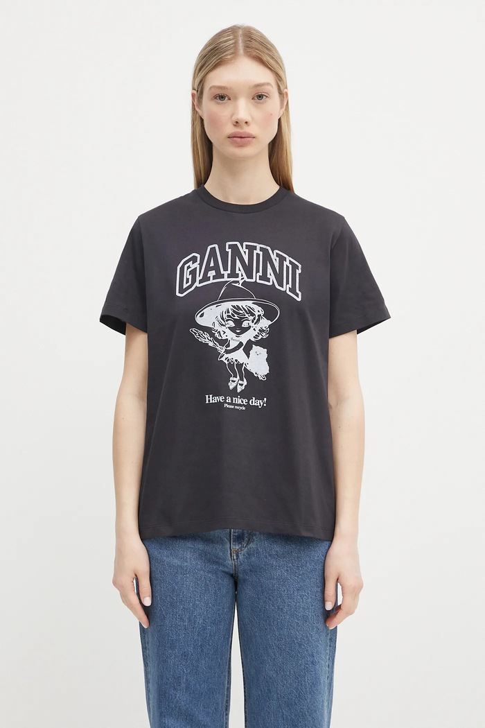 GANNI t-shirt bawełniany Basic Cotton Witch Relaxed nadruk szary T4138