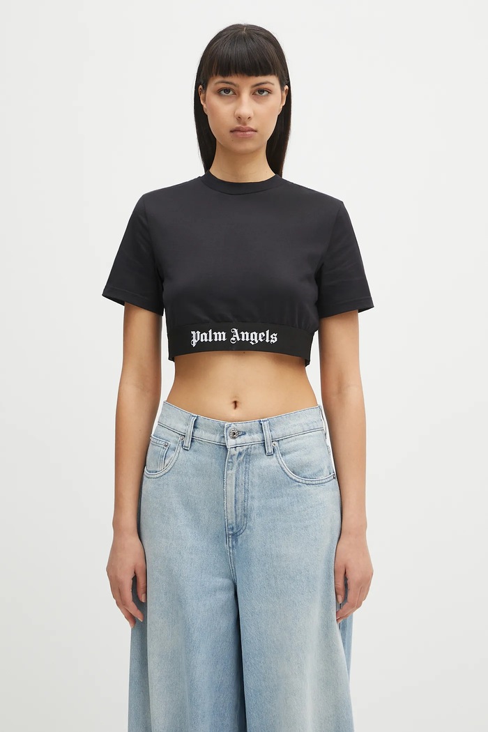 Bavlnené tričko Palm Angels Classic Logo Tape Crop regular čierna PWAA067C99JER0011010
