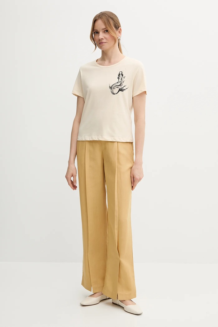 Βαμβακερό μπλουζάκι Sisley 35USL107H μπεζ SS25
