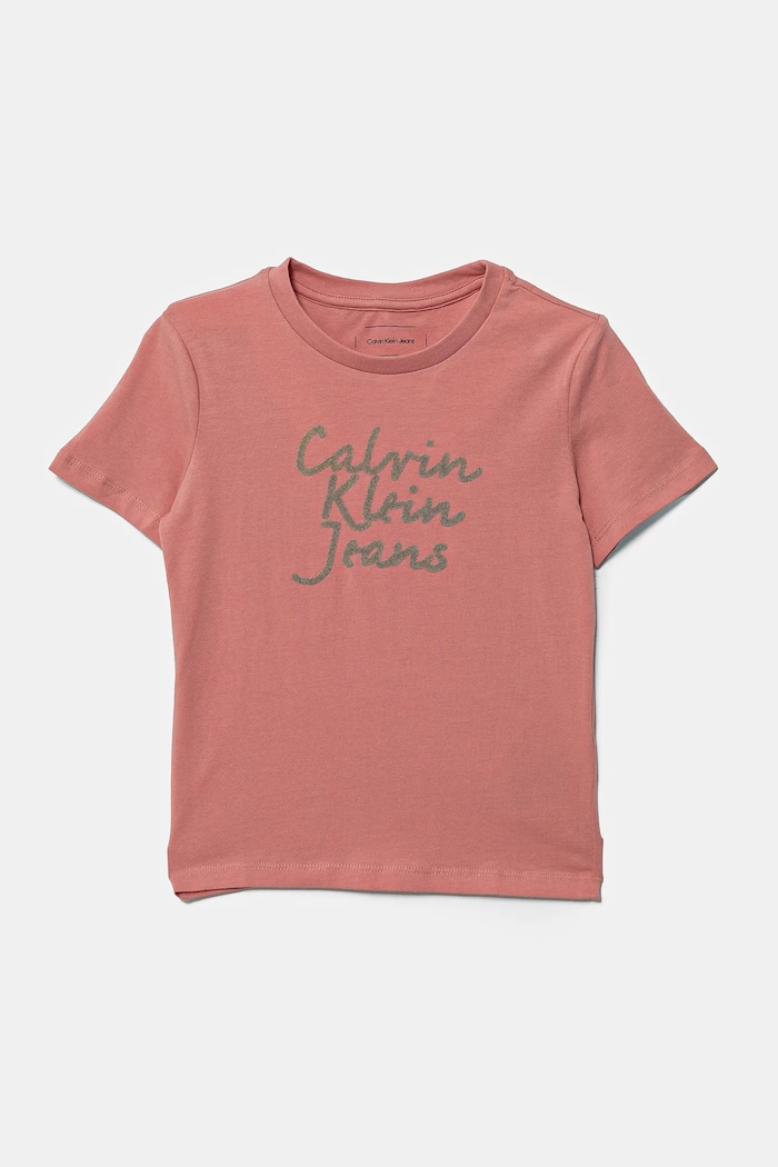 Dječja pamučna majica kratkih rukava Calvin Klein Jeans print roza IN0IN00261.G.PPYA