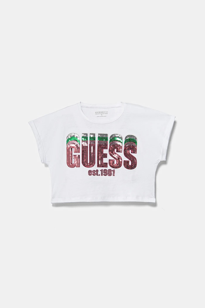 Dětské bavlněné tričko Guess kulatý bílá J5RI10.K8HM4.PPYA
