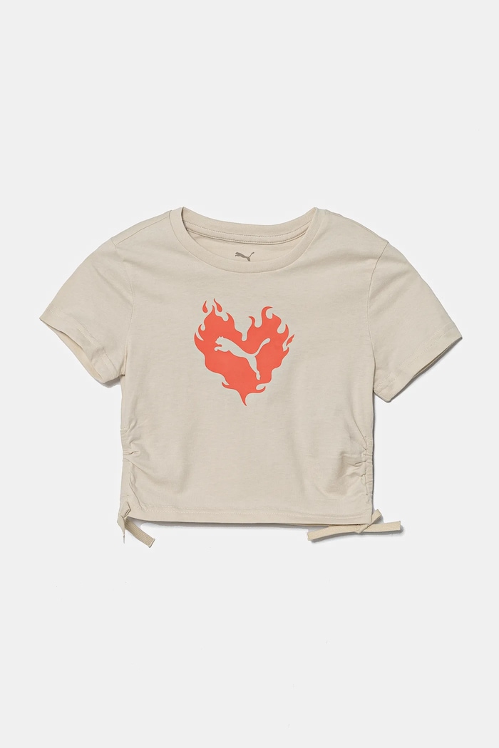 Puma t-shirt bawełniany dziecięcy FLAMING LOVE Knotted Tee nadruk beżowy 685108.G