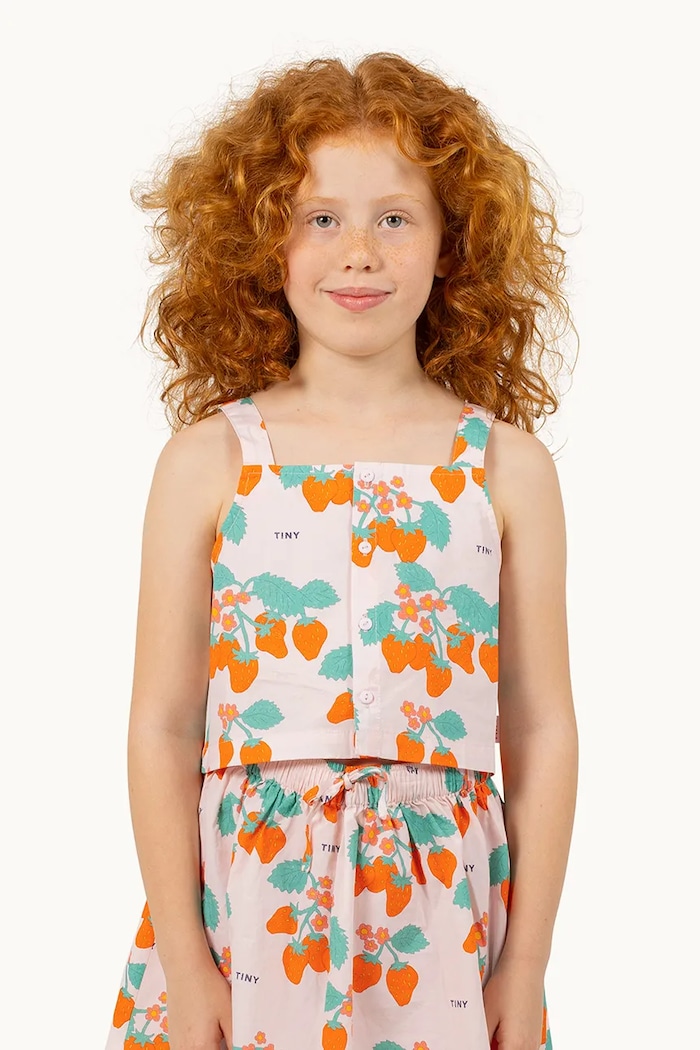 Детски памучен топ Tinycottons STRAWBERRIES WOVEN CROP TOP розов SS25.164