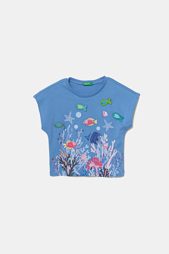 United Colors of Benetton t-shirt bawełniany dziecięcy nadruk niebieski 3I1XG10JH.P.Seasonal