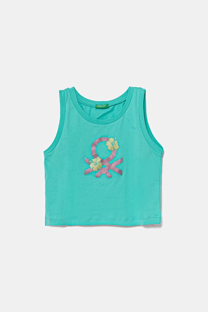 United Colors of Benetton top bawełniany dziecięcy nadruk turkusowy 3I1XCH01Z.G.Seasonal