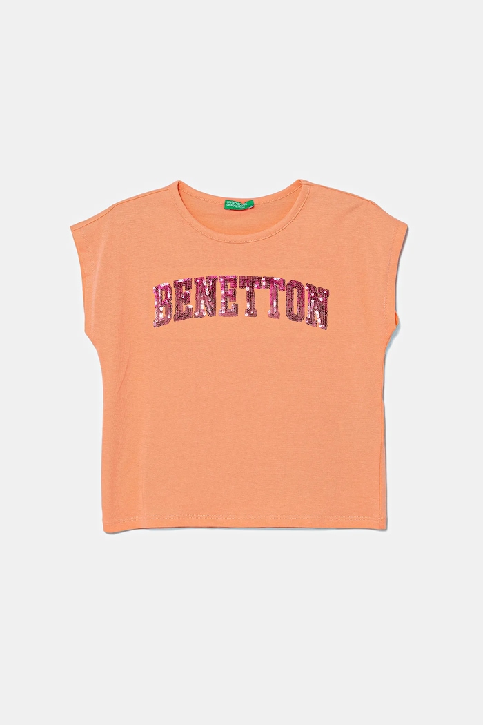 Παιδικό βαμβακερό μπλουζάκι United Colors of Benetton απλικέ πορτοκαλί 3I1XC10P1.G.Seasonal