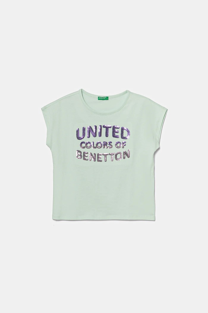 Παιδικό βαμβακερό μπλουζάκι United Colors of Benetton απλικέ τιρκουάζ 3I1XC10P1.G.Seasonal