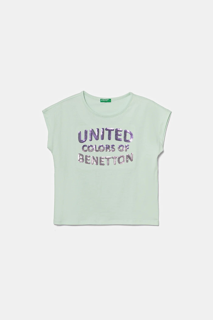 Παιδικό βαμβακερό μπλουζάκι United Colors of Benetton απλικέ τιρκουάζ 3I1XC10P1.G.Seasonal