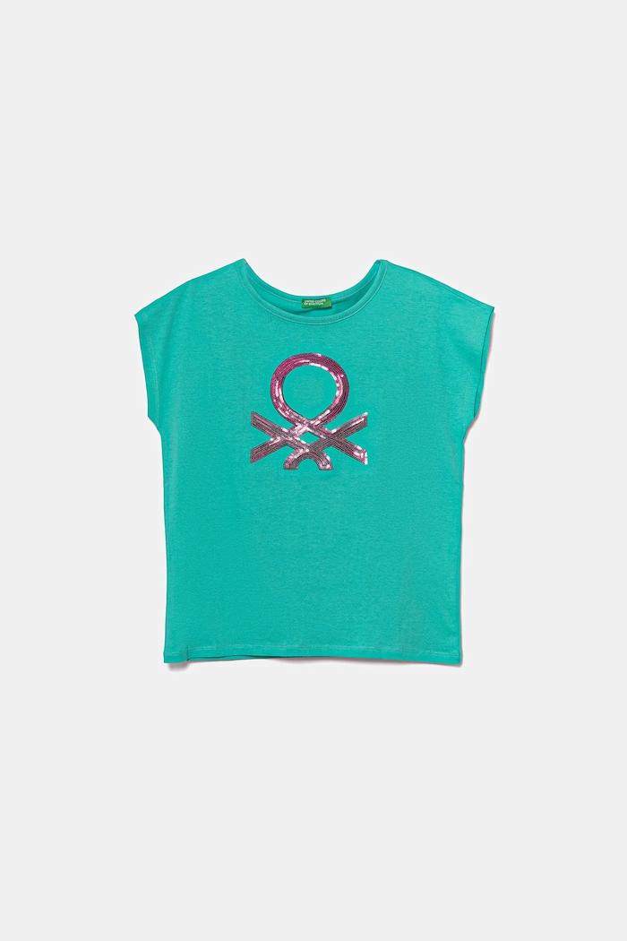 Παιδικό βαμβακερό μπλουζάκι United Colors of Benetton απλικέ τιρκουάζ 3I1XC10P1.G.Seasonal