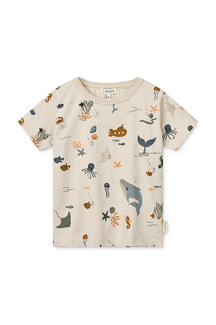 Otroška bombažna kratka majica Liewood Apia Printed Shortsleeve T-shirt LW19845 bež SS25