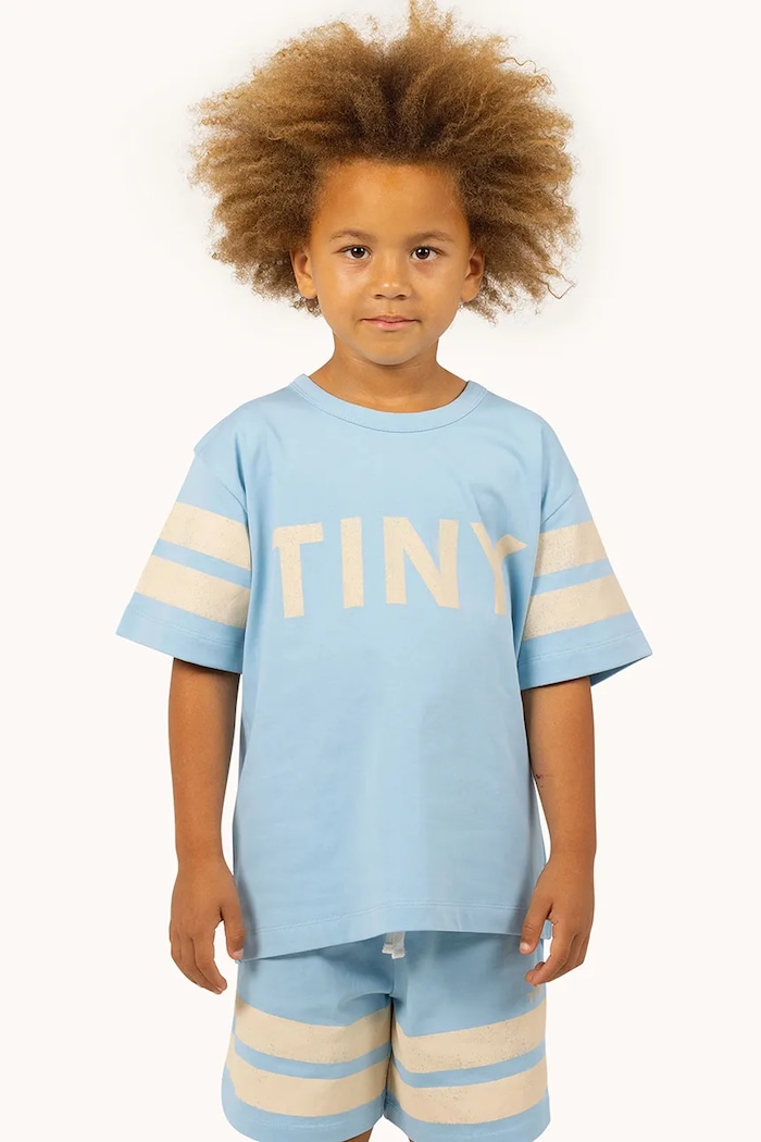Dječja pamučna majica kratkih rukava Tinycottons STRIPES LOGO TEE plava SS25.137
