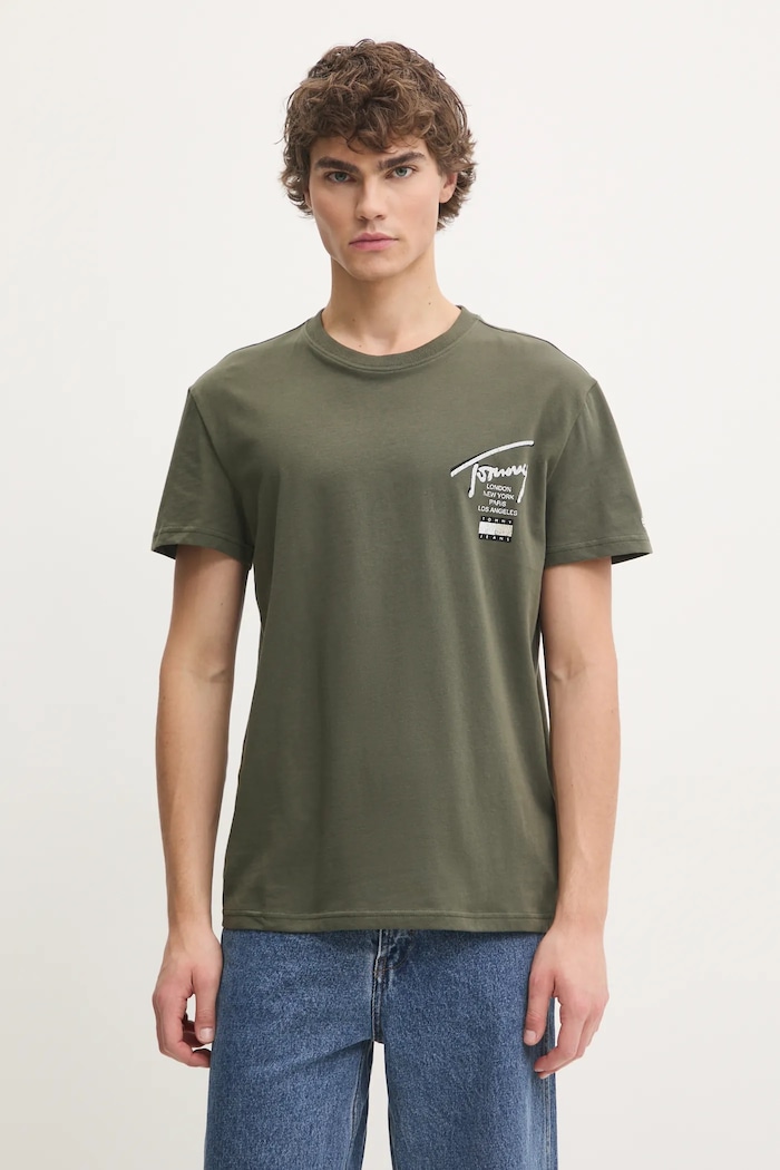 Bombažna kratka majica Tommy Jeans Potisk zelena DM0DM21106