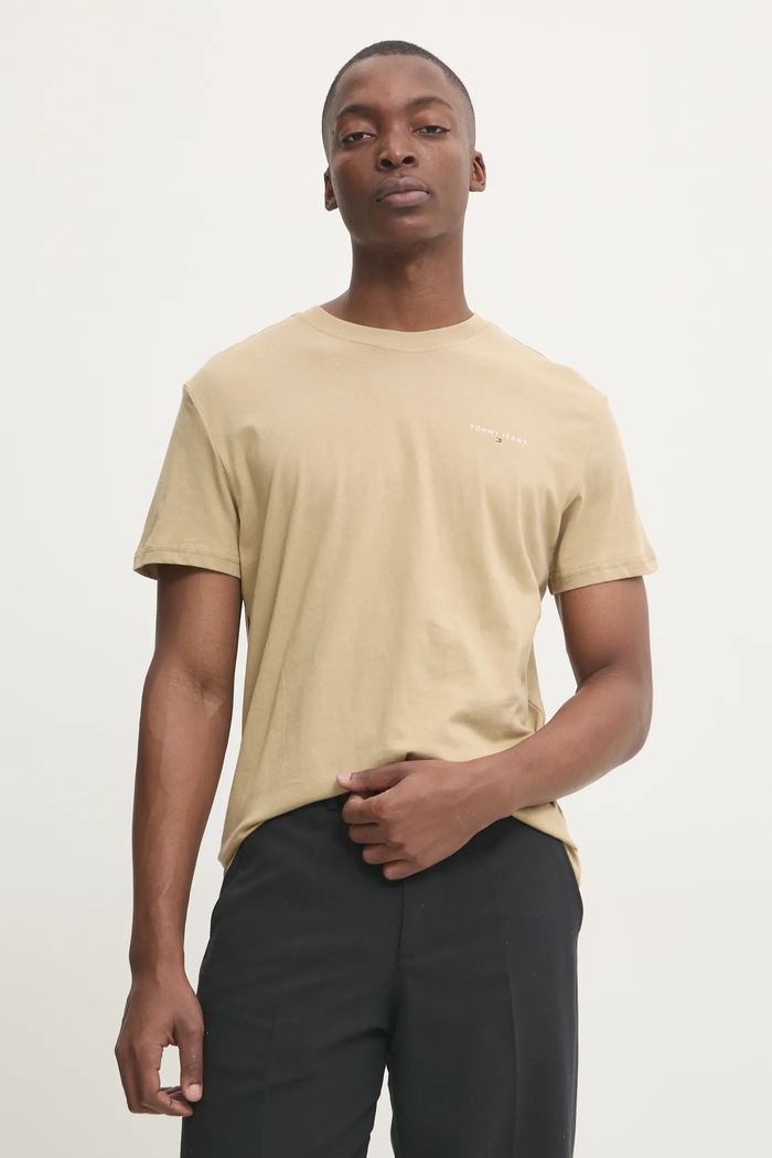 Bavlněné tričko Tommy Jeans hladký béžová DM0DM21188