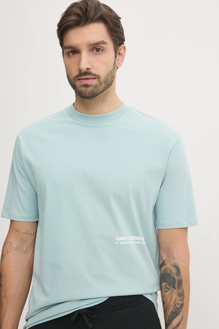 Karl Lagerfeld t-shirt bawełniany nadruk turkusowy 551230.755192