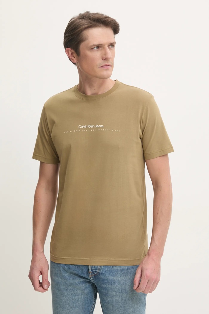 Памучна тениска Calvin Klein Jeans стандартна зелен J30J327075