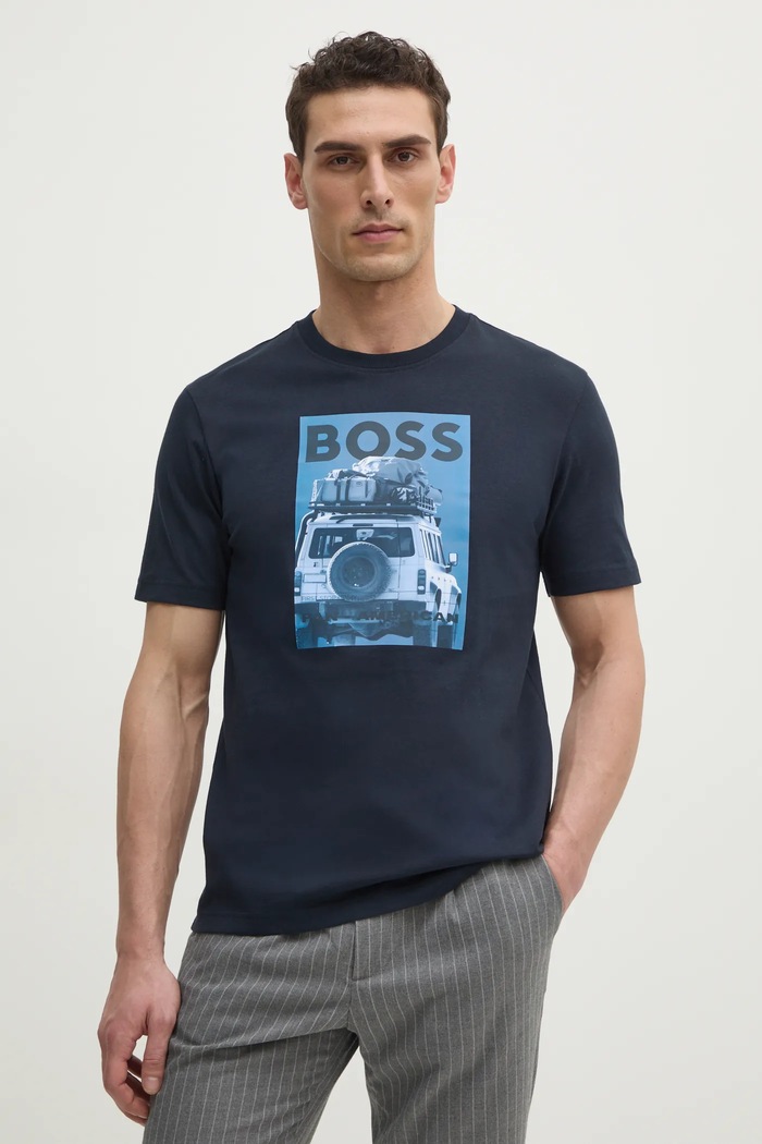 Bavlněné tričko BOSS Orange potisk námořnická modř 50535079