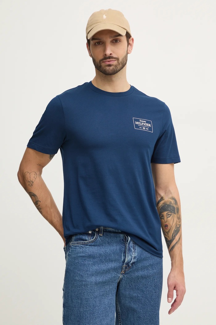 Bavlnené tričko Tommy Hilfiger potlač tmavomodrá MW0MW37454