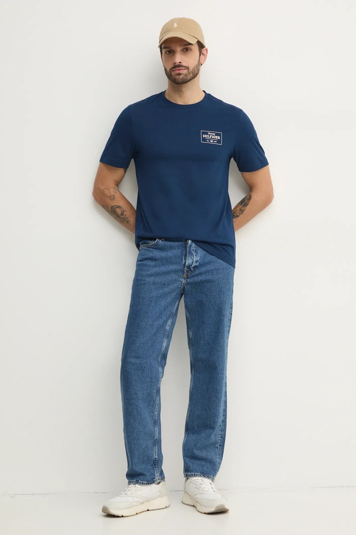 Bavlnené tričko Tommy Hilfiger MW0MW37454 tmavomodrá SS25